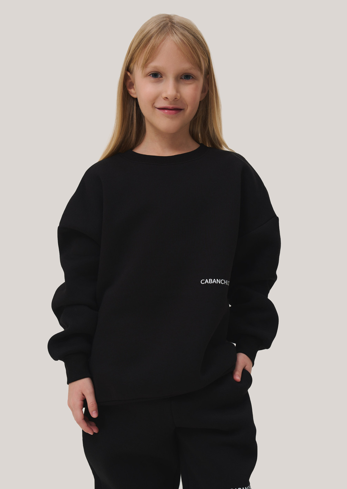Black color kids three-thread insulated oversize sweatshirt with print "Cabanchi.com"